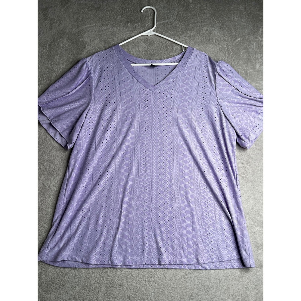 SHEIN Curve Lavender Purple Pointelle Knit V-Neck Short Puff Sleeve Top 1XL 3259
